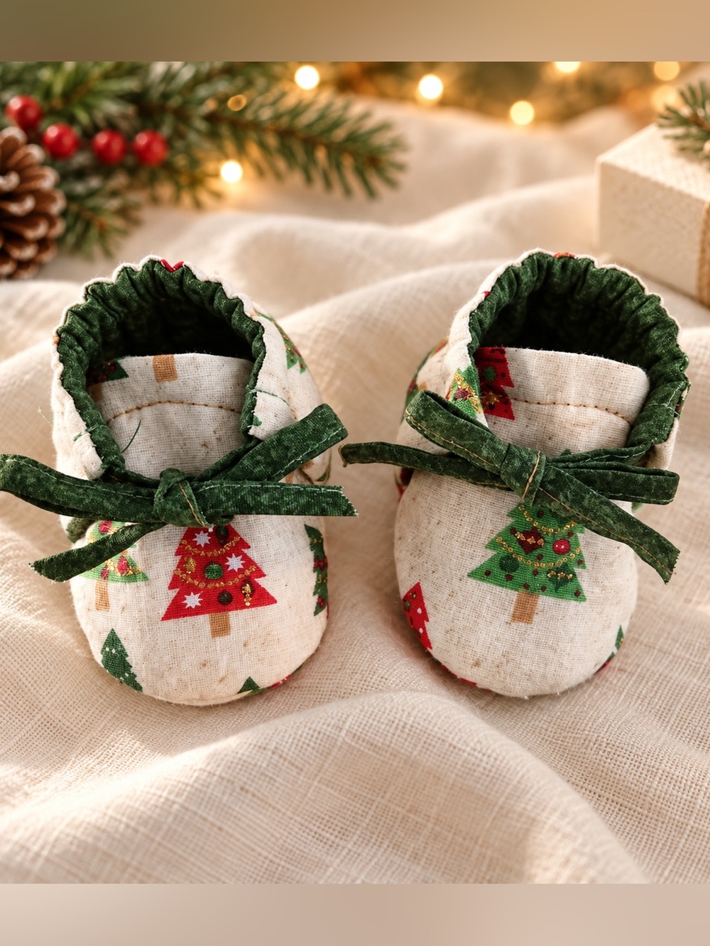 Handmade Christmas Baby Booties • 100% Cotton • 0–3 Months